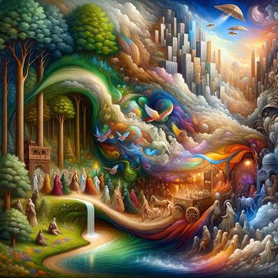 The primary subject of the image is a painting featuring a group of people, including a woman and a child, walking down a path. The setting is a forest with a waterfall, and the visual style is a detailed, colorful illustration. The colors and mood of the painting are vibrant and lively, creating a sense of wonder and exploration.